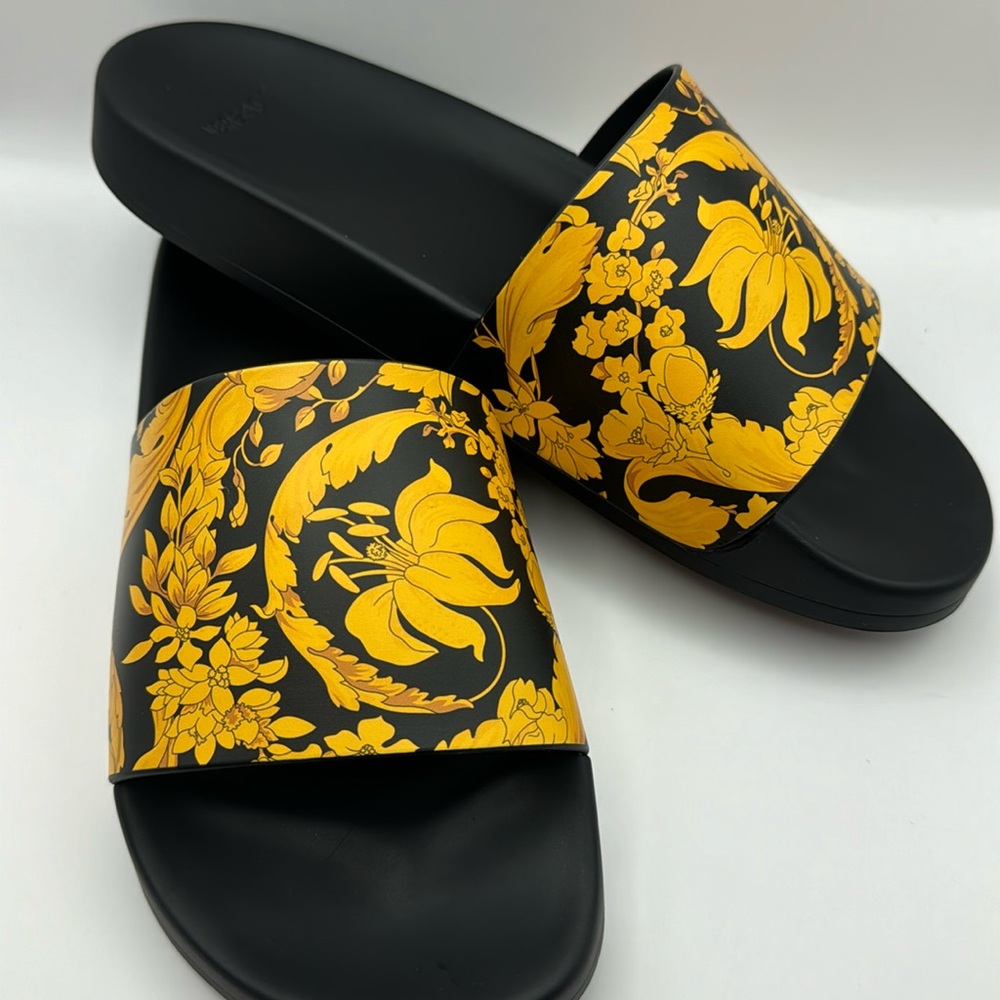 Versace Black and Yellow Floral Slide Sandals (Unisex - Size 41)